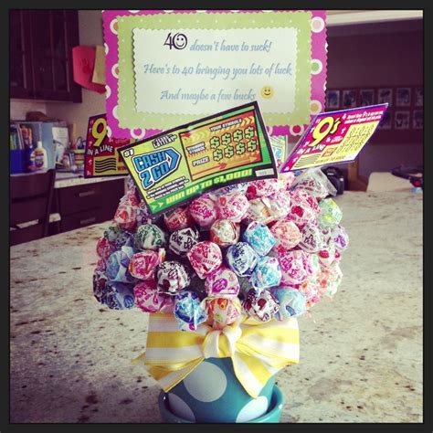 Avert a midlife crisis today! 40th birthday gift. Sucker bouquet with lotto tickets ...