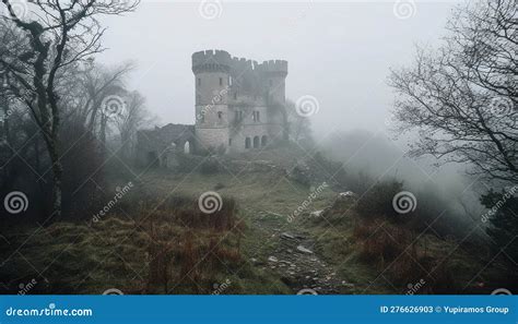 Spooky Old Ruin In Foggy Forest Landscape Generated By Ai Stock