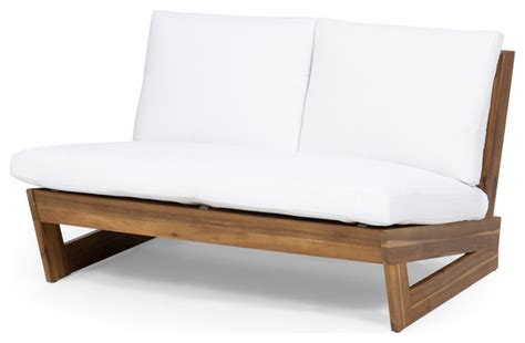 Kaitlyn Outdoor Acacia Wood Loveseat With Cushions Transitional