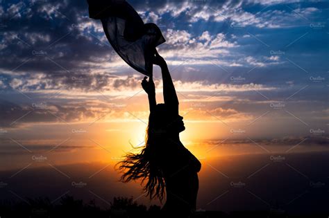 Girl Silhouette On Beautiful Sunset People Images Creative Market
