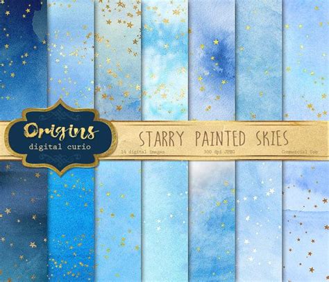 Starry Painted Skies Digital Paper Gold Stars And Blue Etsy In 2020