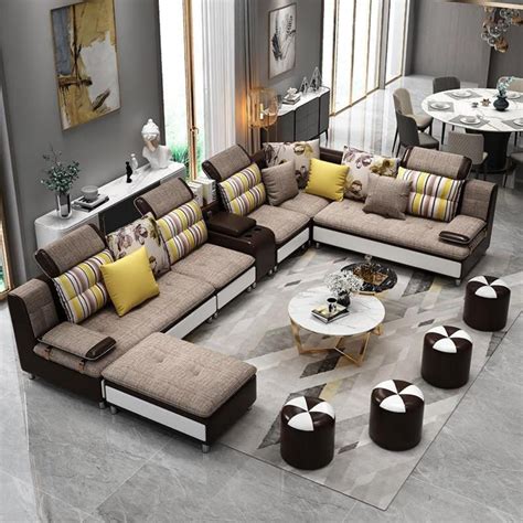 Luxury Modern U Shaped Sectional Fabric Sofa Set With Ottoman My Aashis