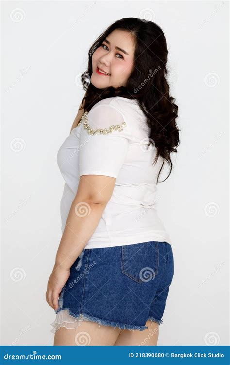 Portrait Half Body Shot Of Asian Young Happy Cute Friendly Overweight