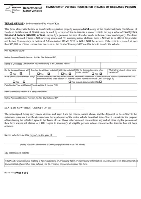 Fillable Form Mv 349 Transfer Of Vehicle Registered In Name Of