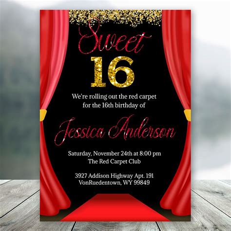 Editable Red Carpet Hollywood Sweet 16 Birthday Invitation Diy
