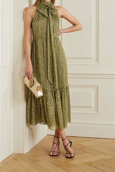 Army Green Dancer Belted Fil Coupé Silk And Lurex Blend Crepon Midi