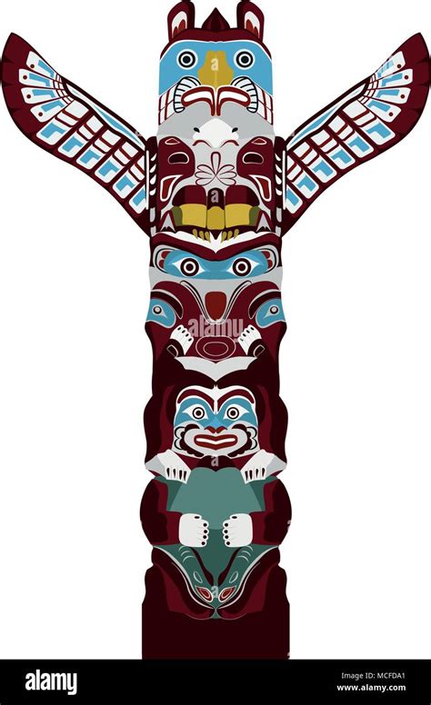 Indian Totem Pole Stylized Monumental Sculpture With Figures Of