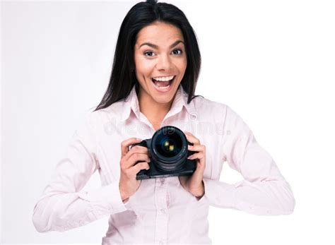 Laughing Woman Photographer With Camera Stock Photo Image Of