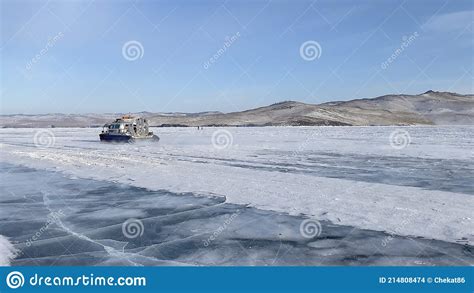 A Car With A Bottom On An Air Cushion Glides On The Ice Of Frozen Lake