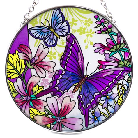Butterflies And Wildflowers Suncatcher Hand Painted Glass By AMIA 4 5