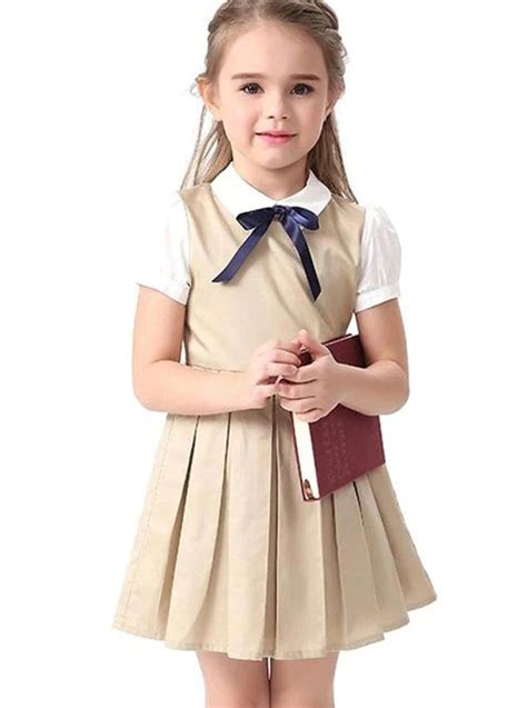 Girls Preppy Bow Tie Collar Pleated A Line School Girl Uniform Dress In