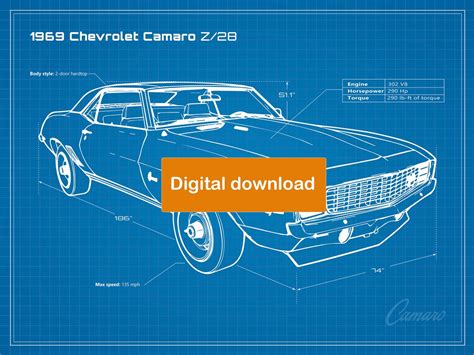 1969 Chevrolet Camaro Z28 Blueprint Perspective Poster 18x24 Jpeg