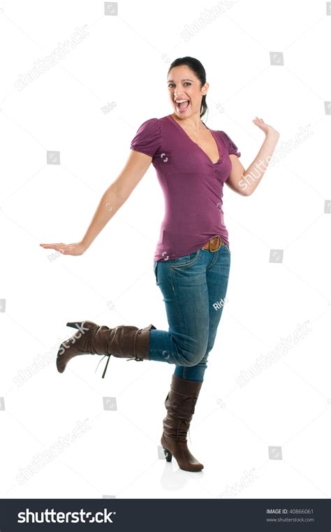 Young Attractive Woman In A Happy Pose Isolated Full Length Stock Photo