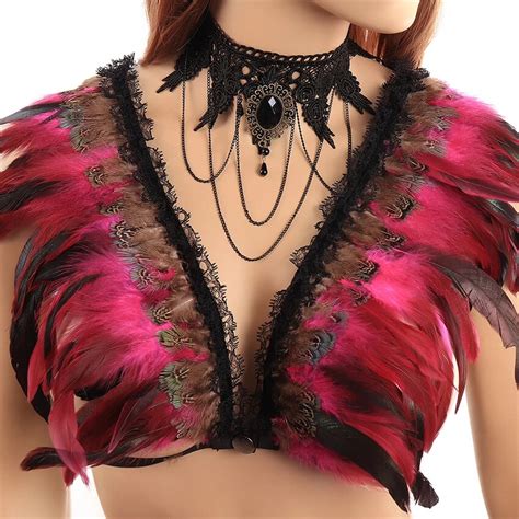 Womens Feather Epaulettes Cage Bralette Body Harness Elastic Adjust Tops Punk Goth Bondage