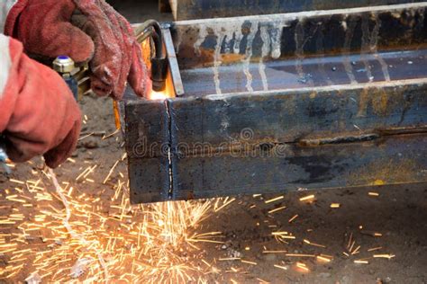 Cutting A Steel Beam With A Gas Torch Industrial Metal Cutting Stock