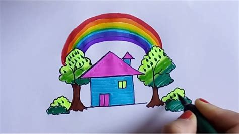 How to draw a house with rainbow | Rainy season drawing and coloring wit... | Rainbow drawing