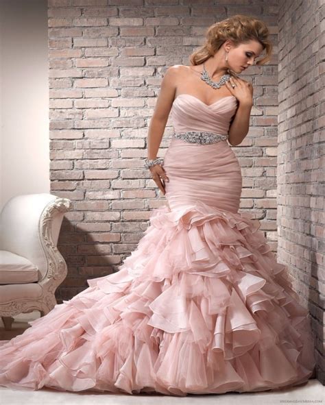 Fashion 2016 Organza Mermaid Wedding Dress Long Light Pink Tiered
