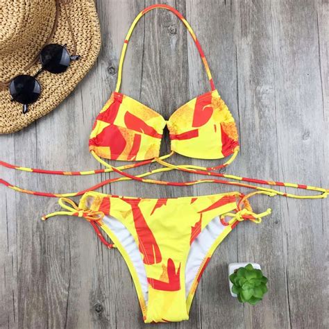Sexy Bandage Bikini Women Floral Print Swimwear Push Up Swimsuit Brazilian Biquini Halter