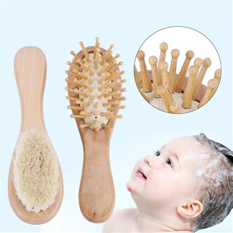Greensen Baby Wooden Hair Brush And Comb Set Goat Hair Bristles For