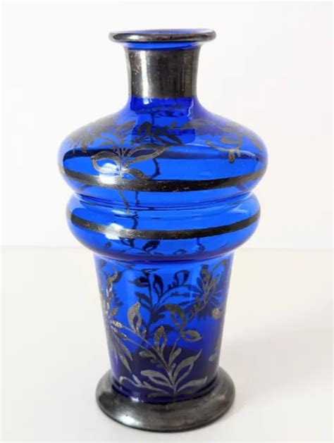 Vintage Cobalt Blue Glass Silver Overlay Floral Design Bottle Vase 24 99 Picclick