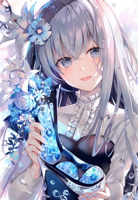 Wallpaper Beautiful Anime Girl Gray Hair Smiling Blue