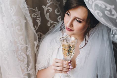 Beautiful Stylish Brunette Bride Posing In Silk Robe Under Veil With