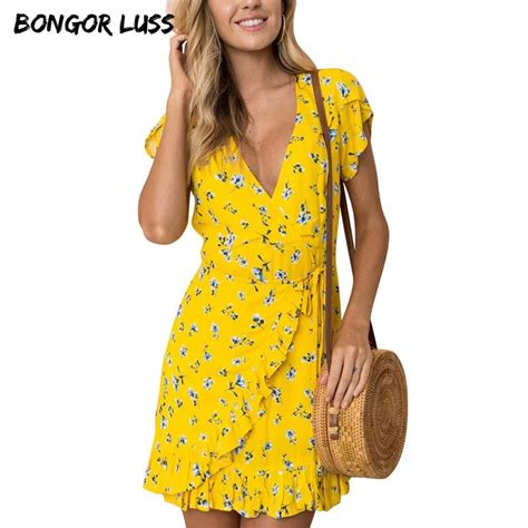 Bongor Luss Beach Summer Dress Women Chiffon Ruffle Floral Print Boho Dresses Deep V Neck Short