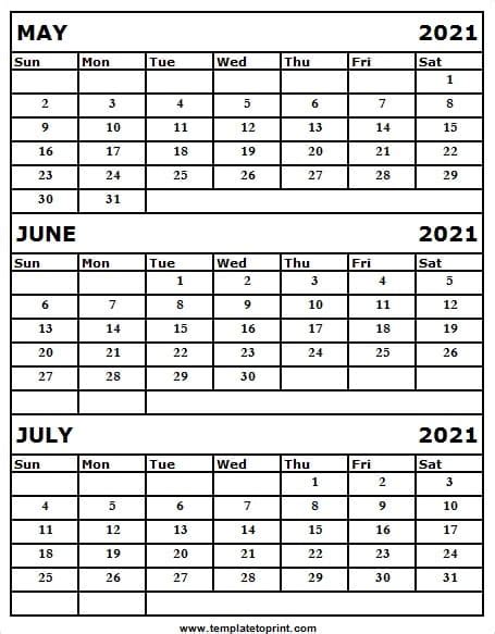 Three Month Calendar May To July 2021 Calendar 2021 Free Printable