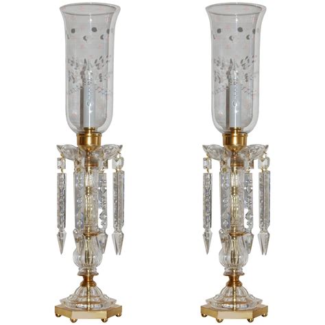 Pair Of Crystal And Brass Candle Stick Lamps With Crystal Drops 19th