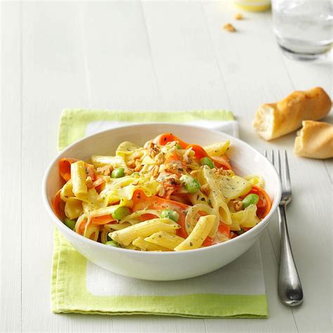 Creamy Pesto Penne With Vegetable Ribbons Recipe Taste Of Home