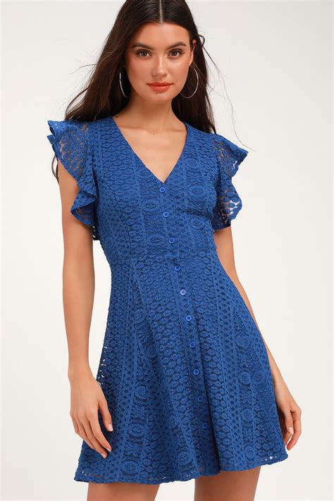 Cute Royal Blue Lace Dress Skater Dress Button Down Dress Lulus