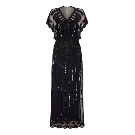 Black Beaded Long 1920s Flapper Dress Deco Shop