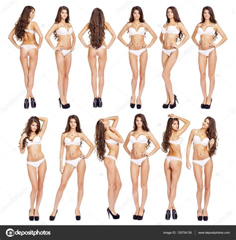 Full Length Beautiful Slim Tanned Women In White Bikini Stock Photo By