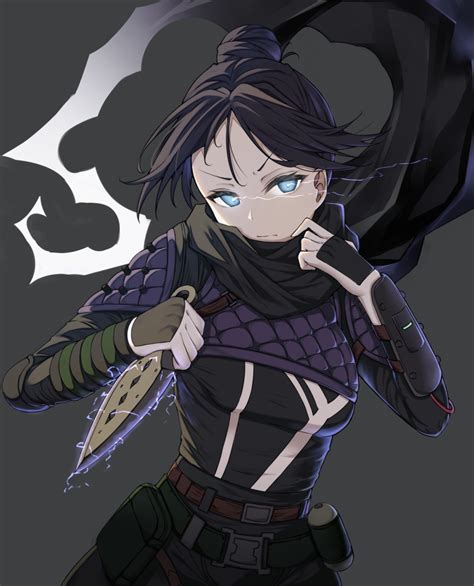 A black kunai with a glowing purple edge. Safebooru - 1girl apex legends bangs belt black belt black bodysuit black hair blue eyes ...