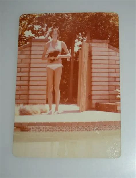 S Candid Of Pretty Woman White Bikini By Pool Vintage Photograph