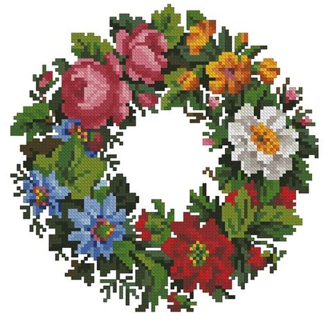 Bright Flower Wreath Vintage Cross Stitch Digital Pattern For Wool