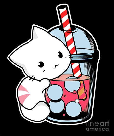 Kawaii Boba Cute Anime Cat Drinking Tea Kawaii Digital Art By Alessandra Roth Fine Art America