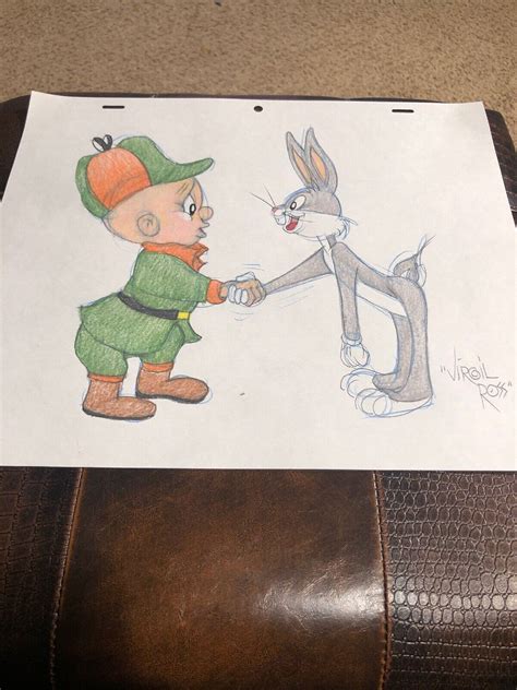 Virgil Ross Sketch Bugs Bunny And Elmer Fudd Shaking Hands Signed 12