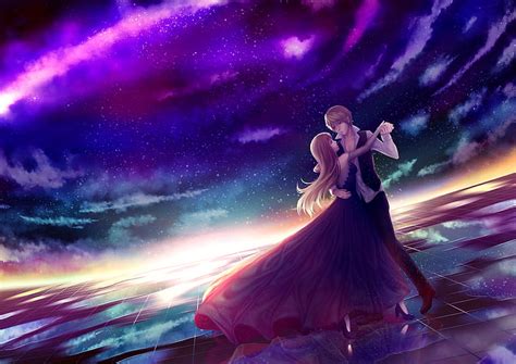 Hd Wallpaper Anime Couple Dancing Stars Sky Romance Dress Night