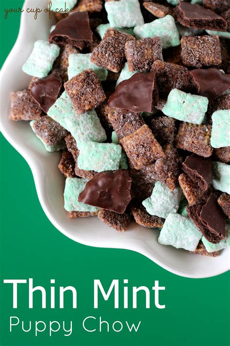 Uses the whole box of cereal and the whole bag rice chex cereal makes the base of this recipe and makes this snack mix super crunchy and addicting. Thin Mint Puppy Chow - Your Cup of Cake