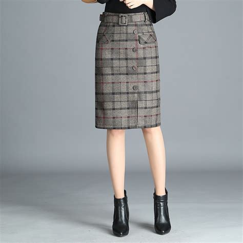 M Xl Woolen Plaid Skirts Women Autumn Winter New Midi Skirt Knee
