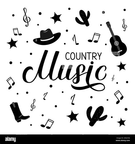 Country Music Lettering With Hat Notes And Guitar Isolated On White