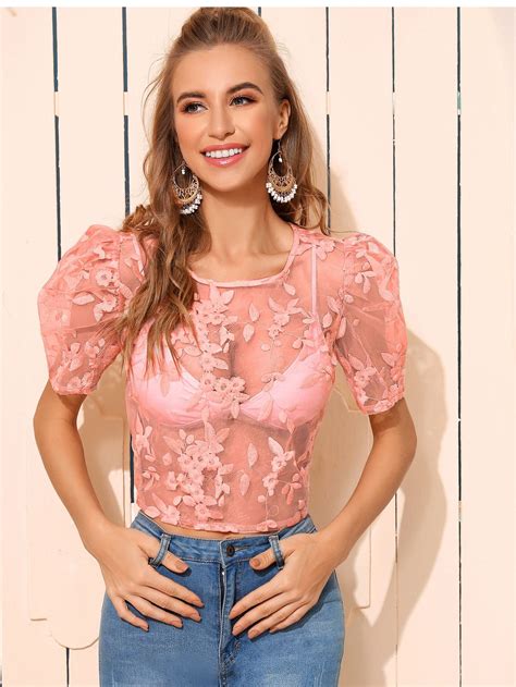 Floral Embroidery Sheer Mesh Blouse Without Bra Embroidery Details Floral Embroidery Without
