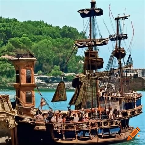 Pirate Ship Sets Sail On A Shore In Italy In 1990 Style On Craiyon
