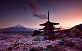 Download wallpapers Japan, Churei Tower, Fujiyama, sunset, japanese ...
