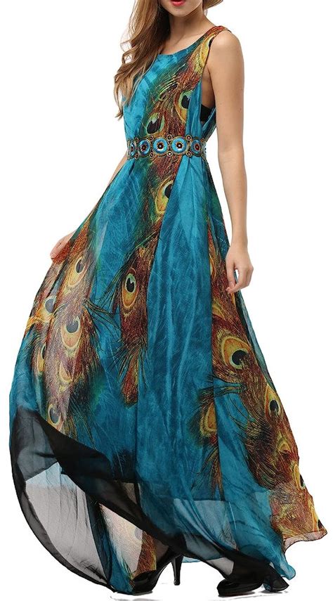 women s peacock printed bohemian summer maxi sun dress comfy plus size us 20