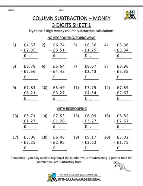 Adding And Subtracting Money Worksheet