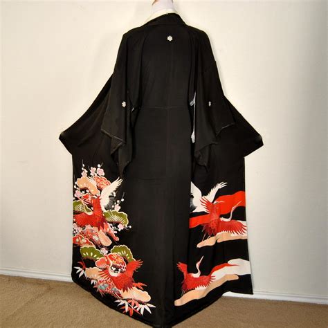 Kurotomesode Japanese Kimono Silk Robe With Cranes From Travelerstore