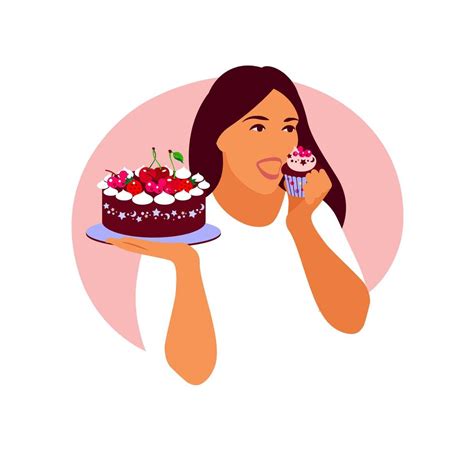 Happy Woman Going To Eat Delicious Cupcake Flat Cartoon Vector Illustration Isolated On Light