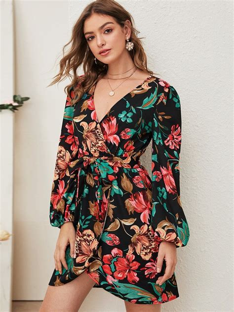 Floral Print Surplice Front Belted Dress Shein Usa Vestidos Rosto